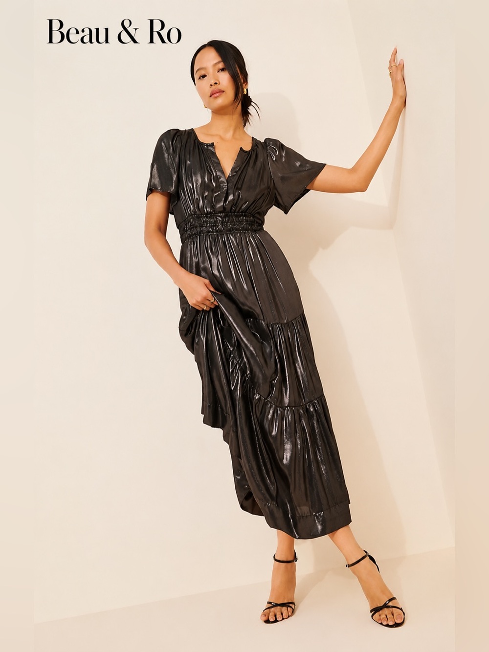 Beau & Ro Metallic Black Tiered Maxi Dress – Size Large NWOT